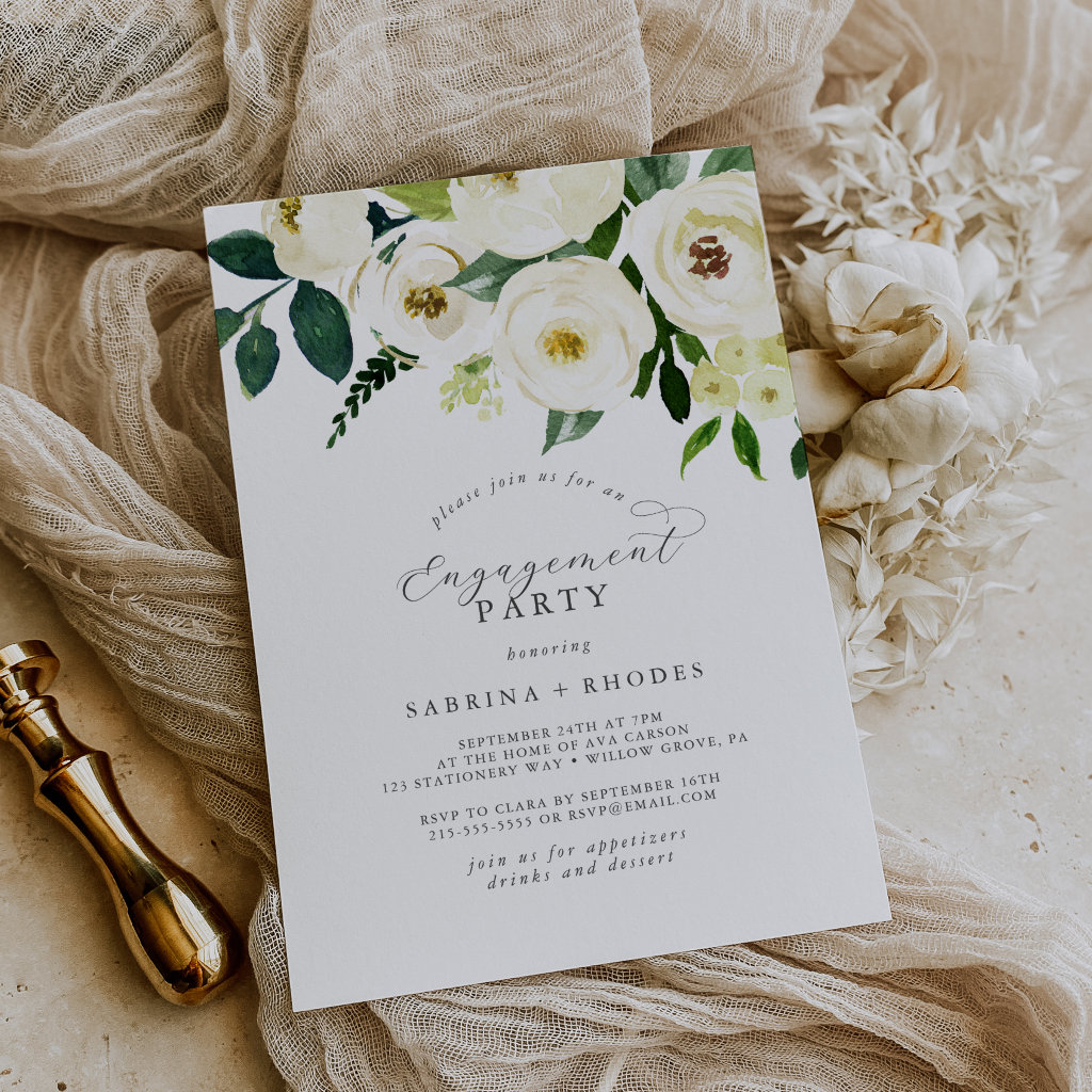 Elegant White Floral Engagement Party Invitation
