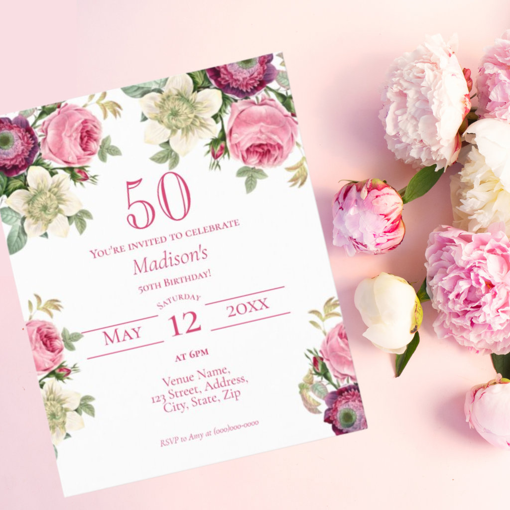 Budget Magenta Floral 50th Birthday Invitation