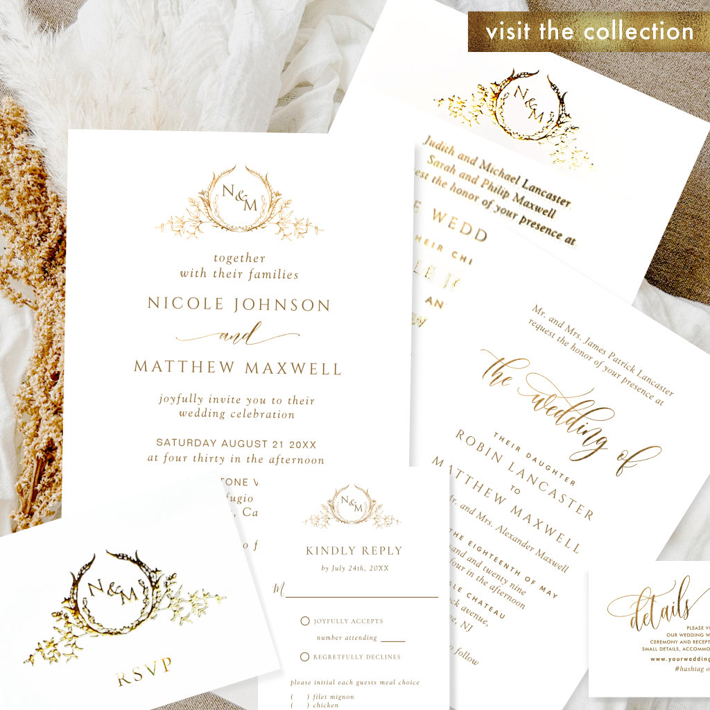 Real Gold Foil Elegant Formal Monogram Wedding Foil Invitation