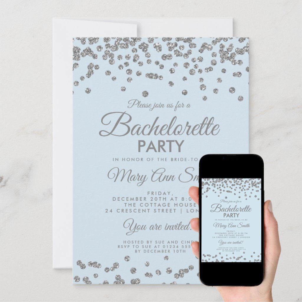 Bachelorette Party Silver Glitter Confetti Ice Blu Invitation
