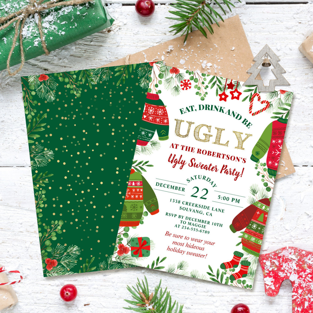 Greenery Gold Ugly Sweater Party Christmas Holiday Invitation