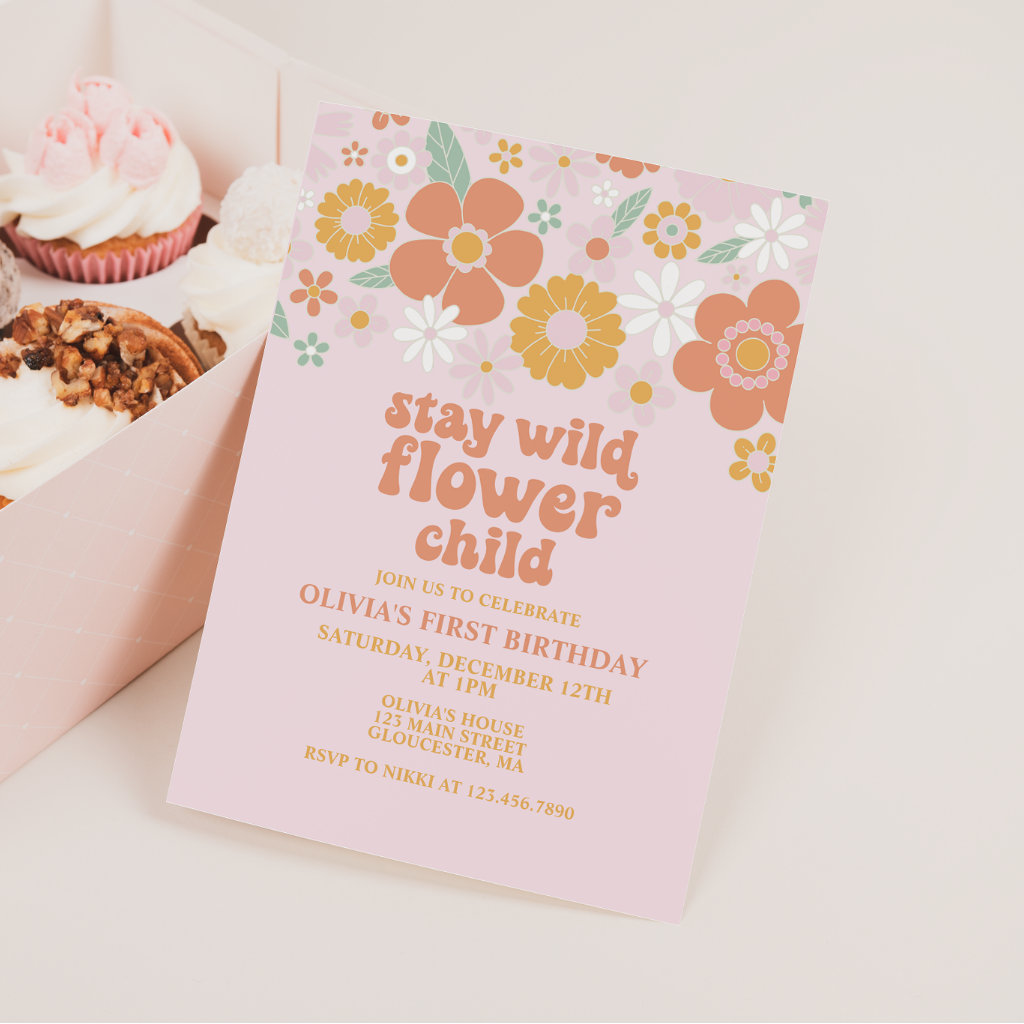 Stay Wild Flower Child Retro Floral birthday Invitation