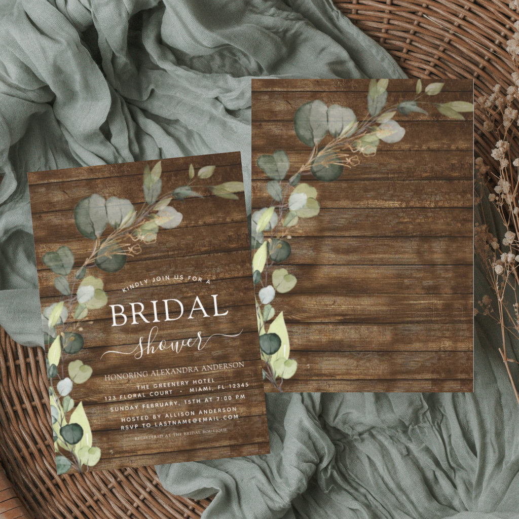 Bridal Shower Greenery Eucalyptus Rustic Wood Invitation