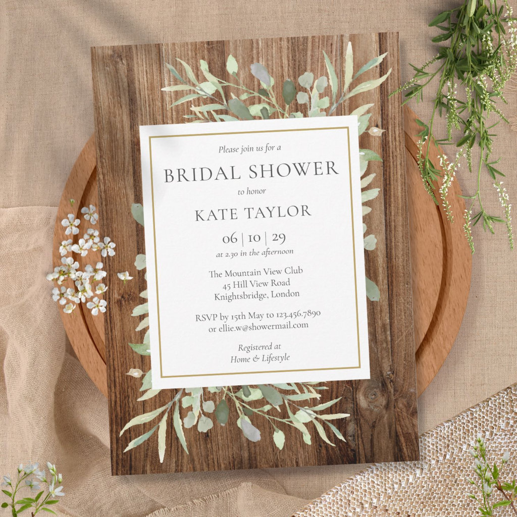 Rustic Wood Greenery Leaves Bridal Shower Invitation