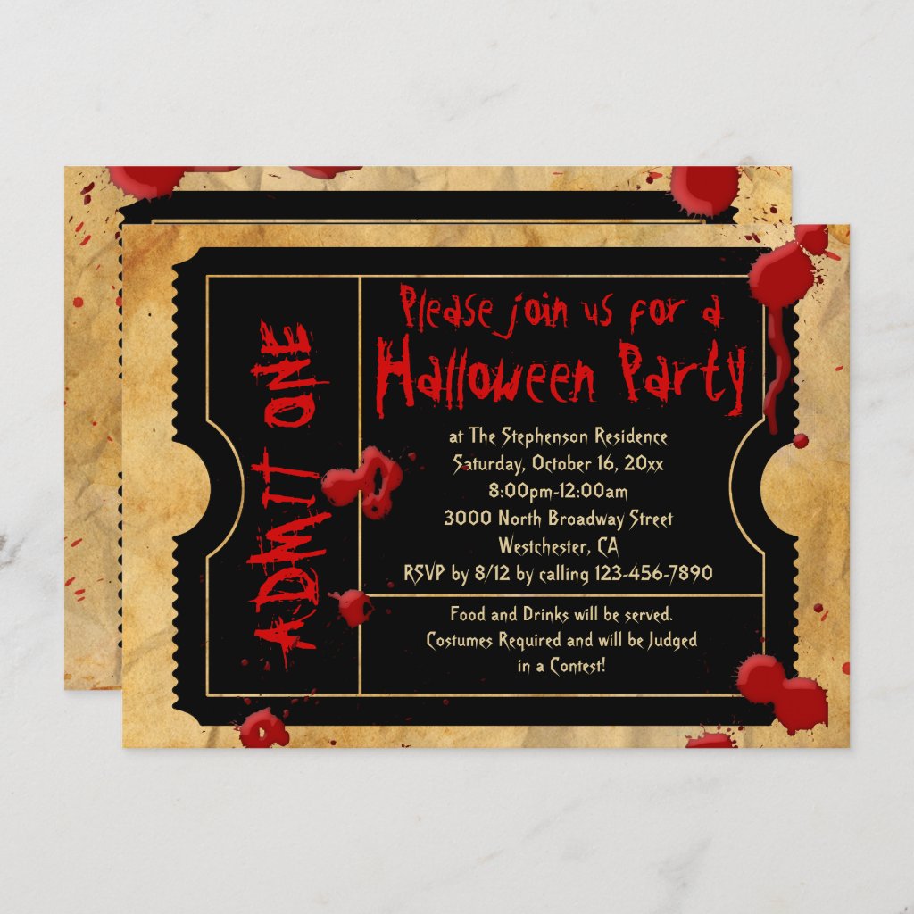 Blood Splatter Vintage Halloween Party Ticket Invitation