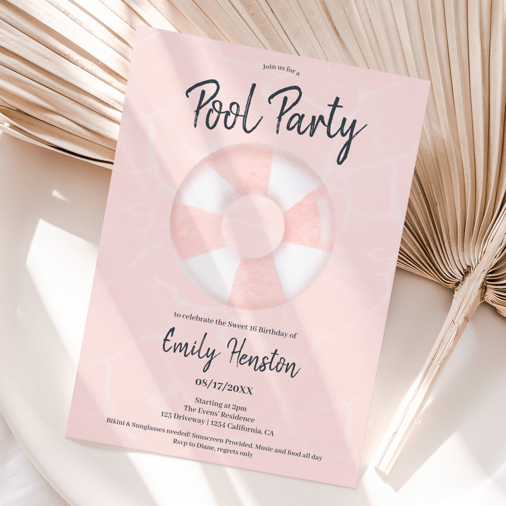 Tropical pink floater pool party Sweet 16 Invitation