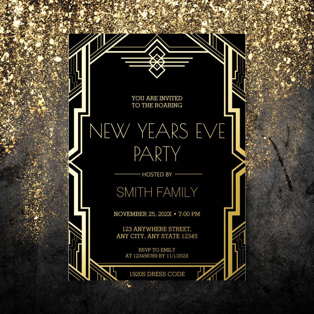 Gatsby Art Deco Black and Gold New Years Eve Party Foil Invitation