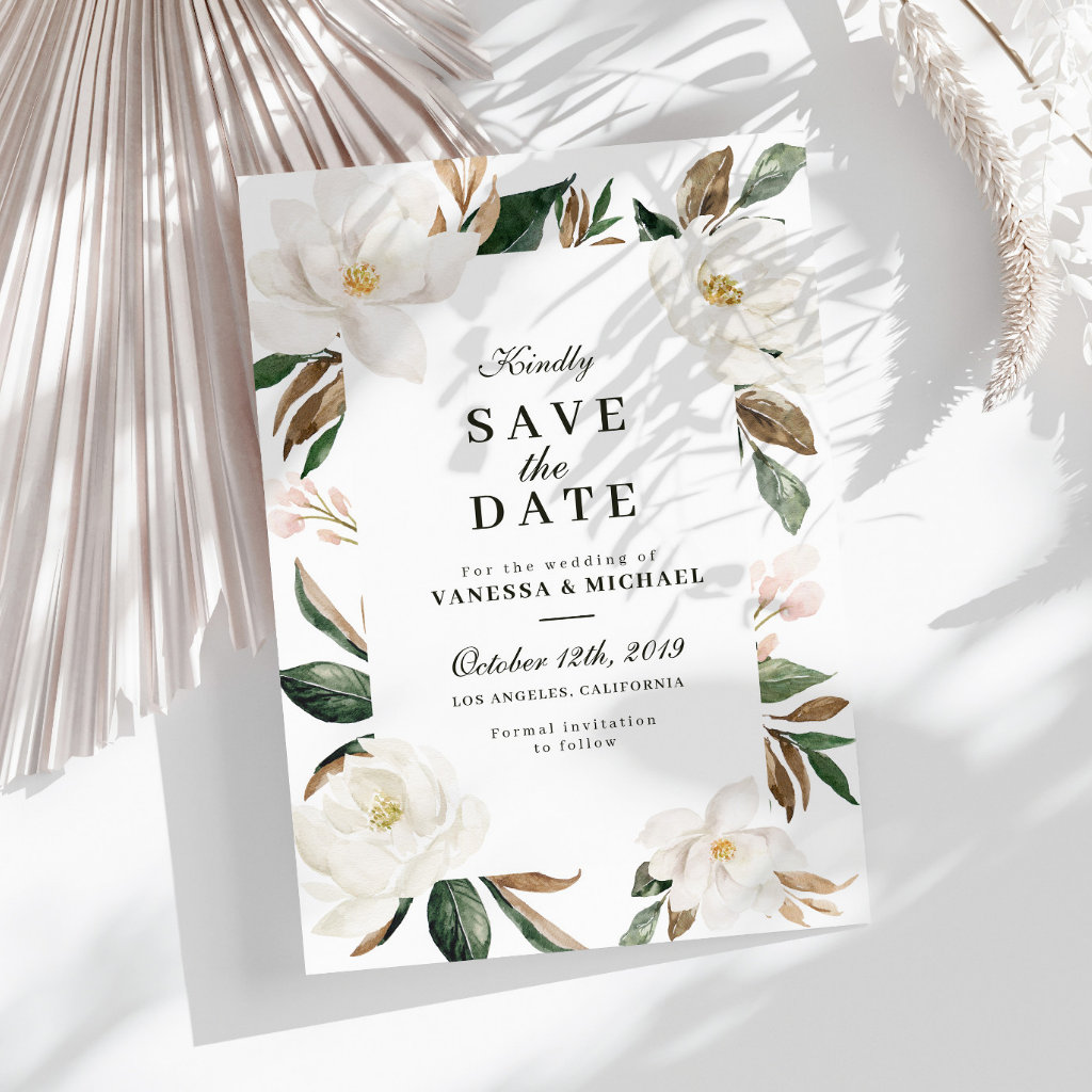 Magnolia floral save the date card