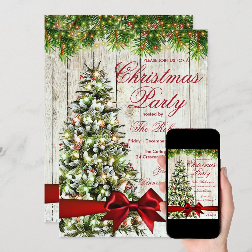 Christmas Party | Rustic Tree, Lights & Red Ribbon Invitation