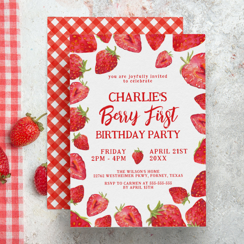 Berry First Strawberry Girl 1st Birthday Party Invitation