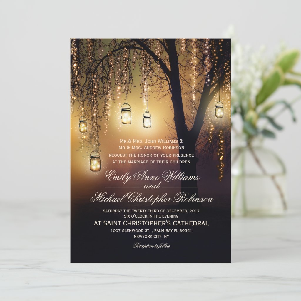 Mason Jars String Lights Elegant Rustic Wedding Invitation