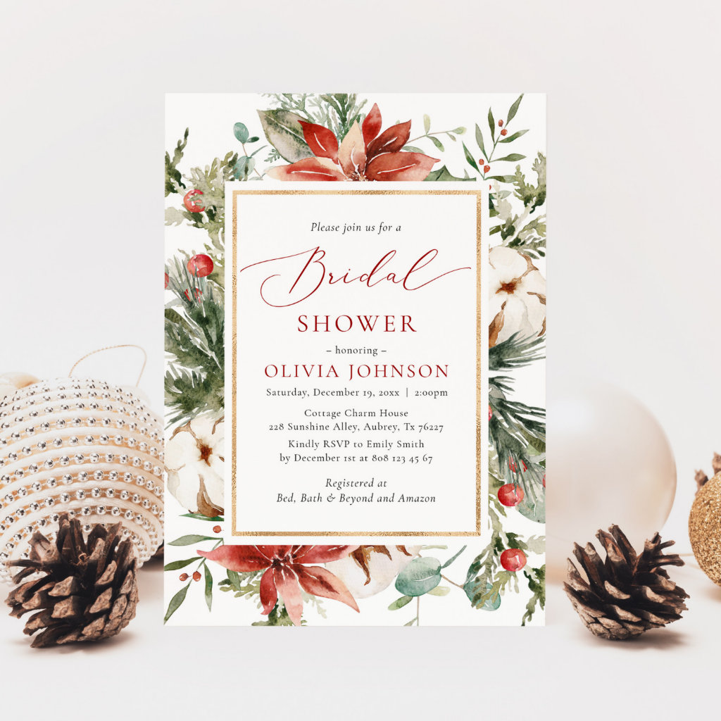 Christmas Winter Red Gold Bridal Shower Invitation