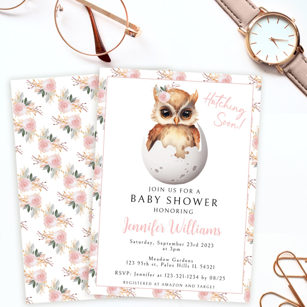 Cute pink floral owl baby girl shower Invitation