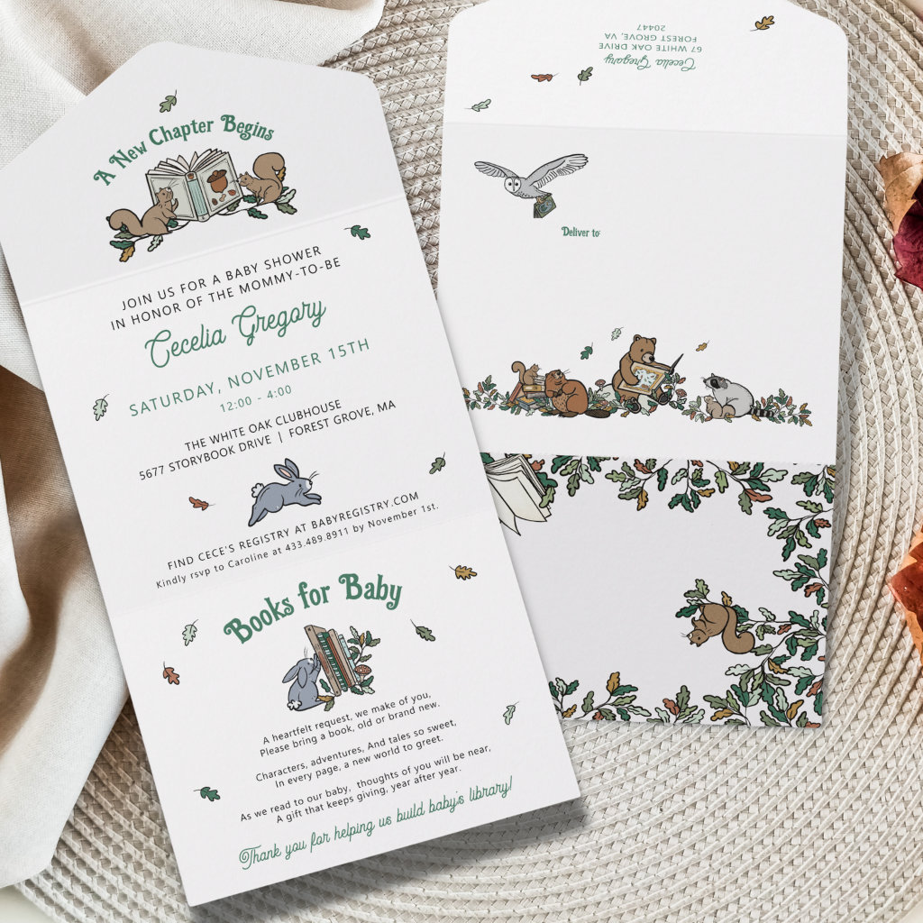 Woodland Animals Books for Baby Shower All In One Invitation