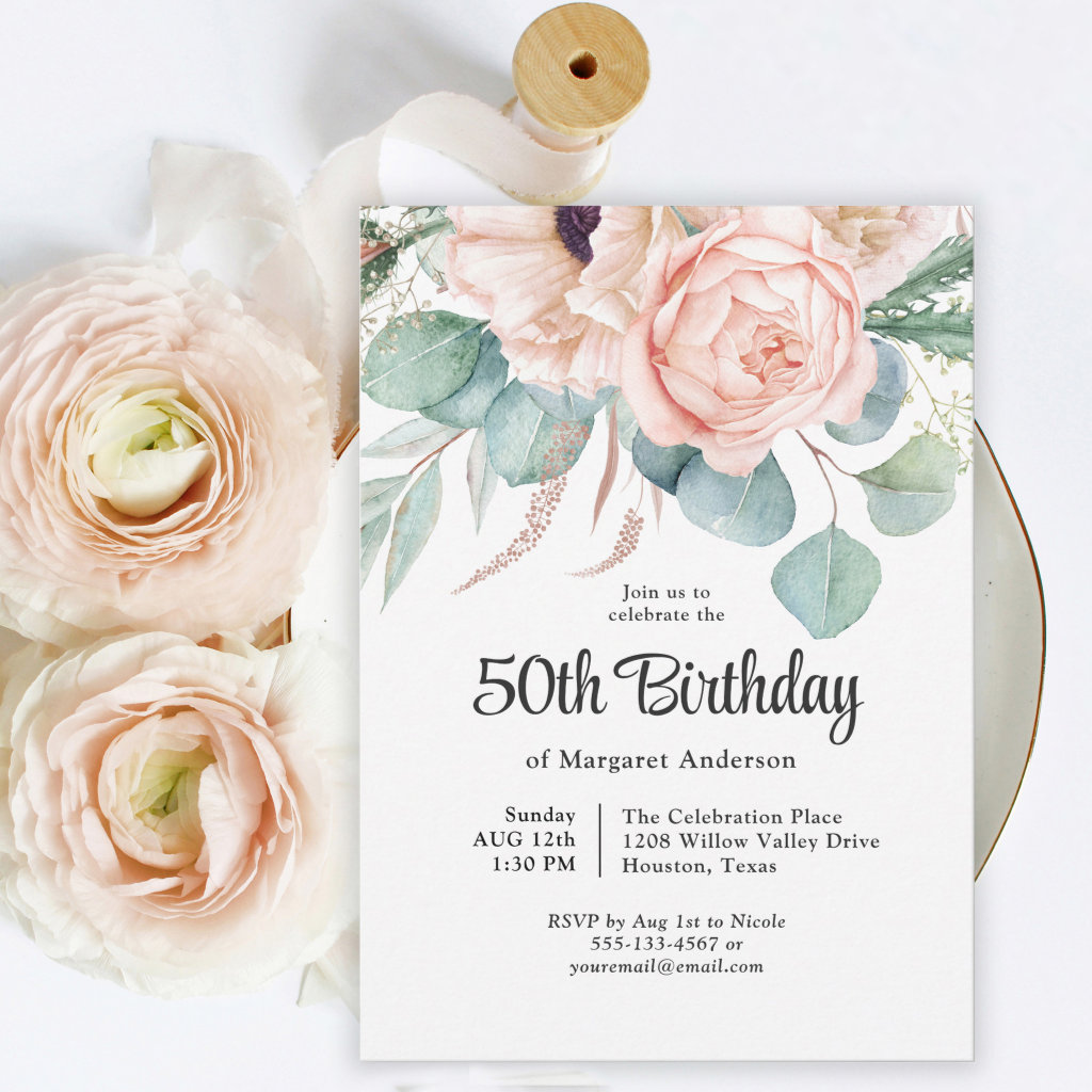 Pink and Beige Watercolor Floral 50th Birthday Invitation