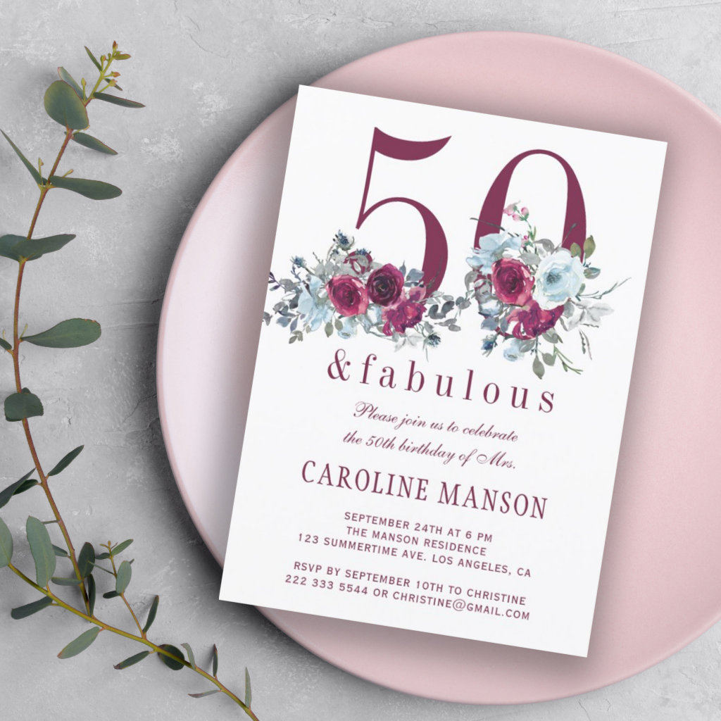 50 and fabulous red burgundy floral 50th birthday invitation