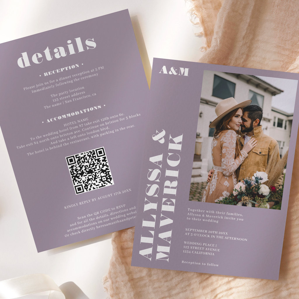 Elegant Bold simple white purple photo wedding Invitation