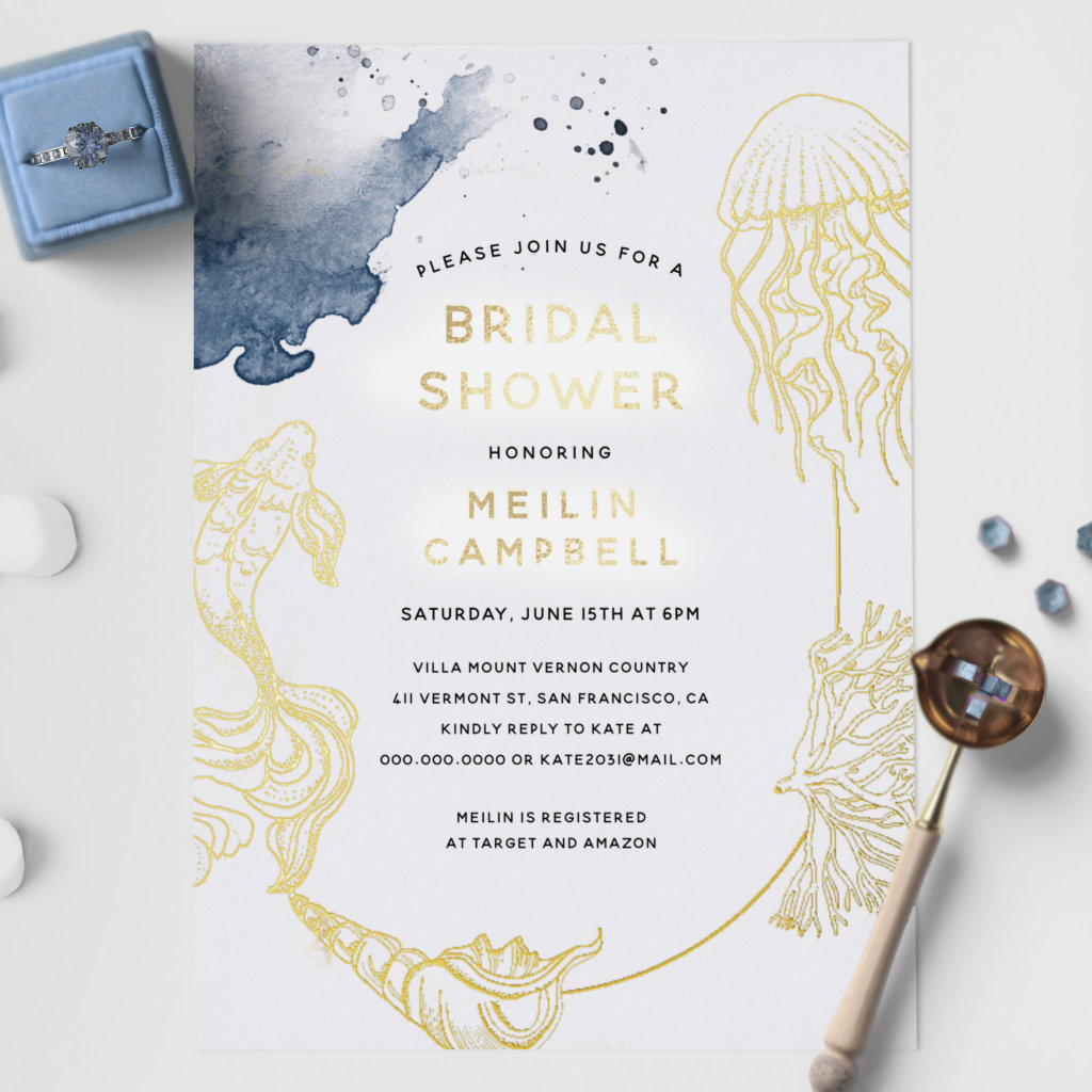 Gold Foil Beach Ocean Coastal Blue Bridal Shower Foil Invitation