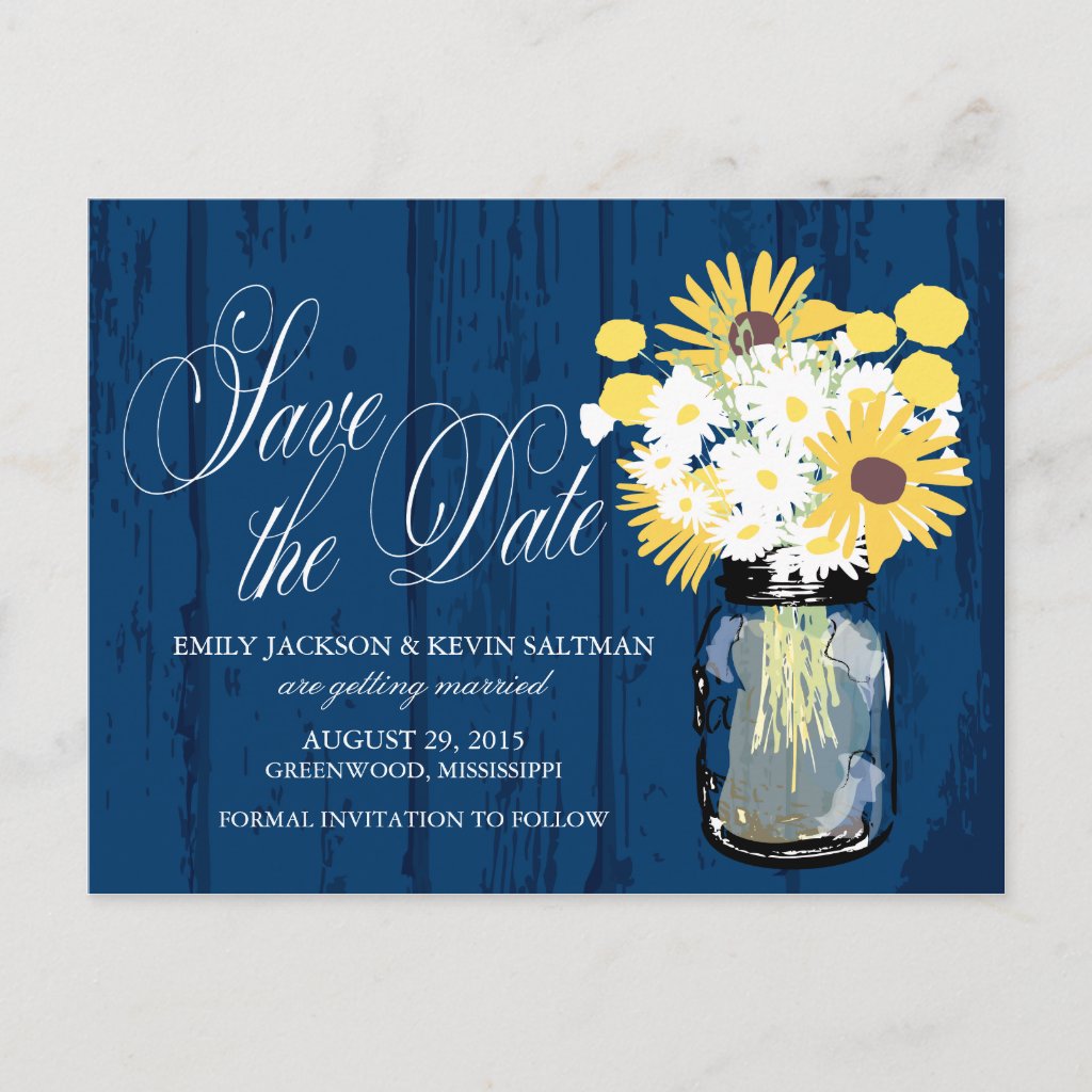 Mason Jar Sunflowers and Daisies Save the Date Announcement Postcard