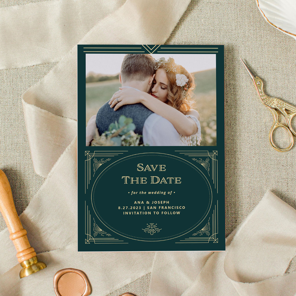 Modern Deco | Emerald Green and Champagne Photo Save The Date
