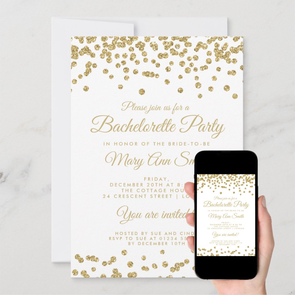 Bachelorette Party Gold Faux Glitter Confetti Invitation