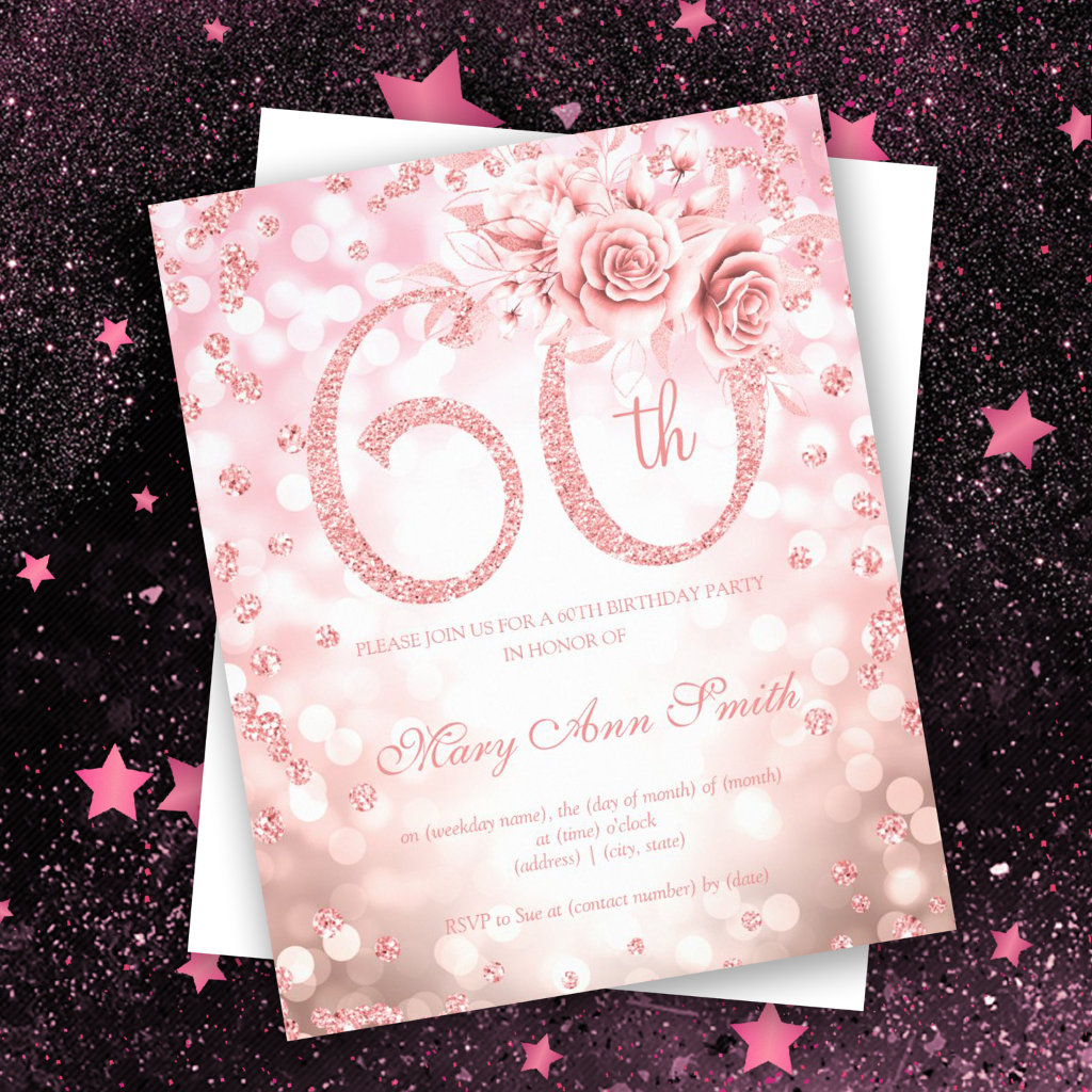 Rose Gold Floral 60th Birthday Lights Invitation Flyer
