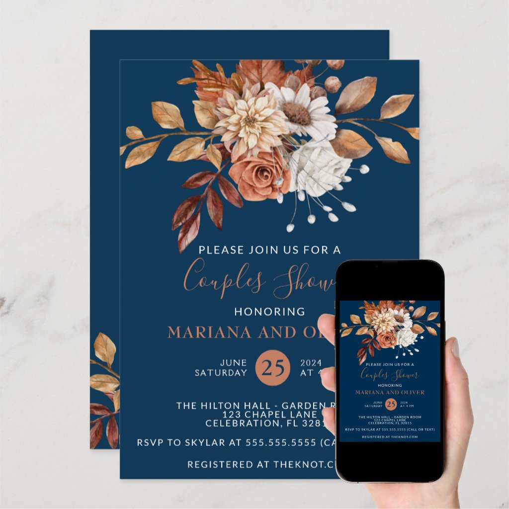 Fall Watercolor Floral Navy Blue Couples Shower Invitation