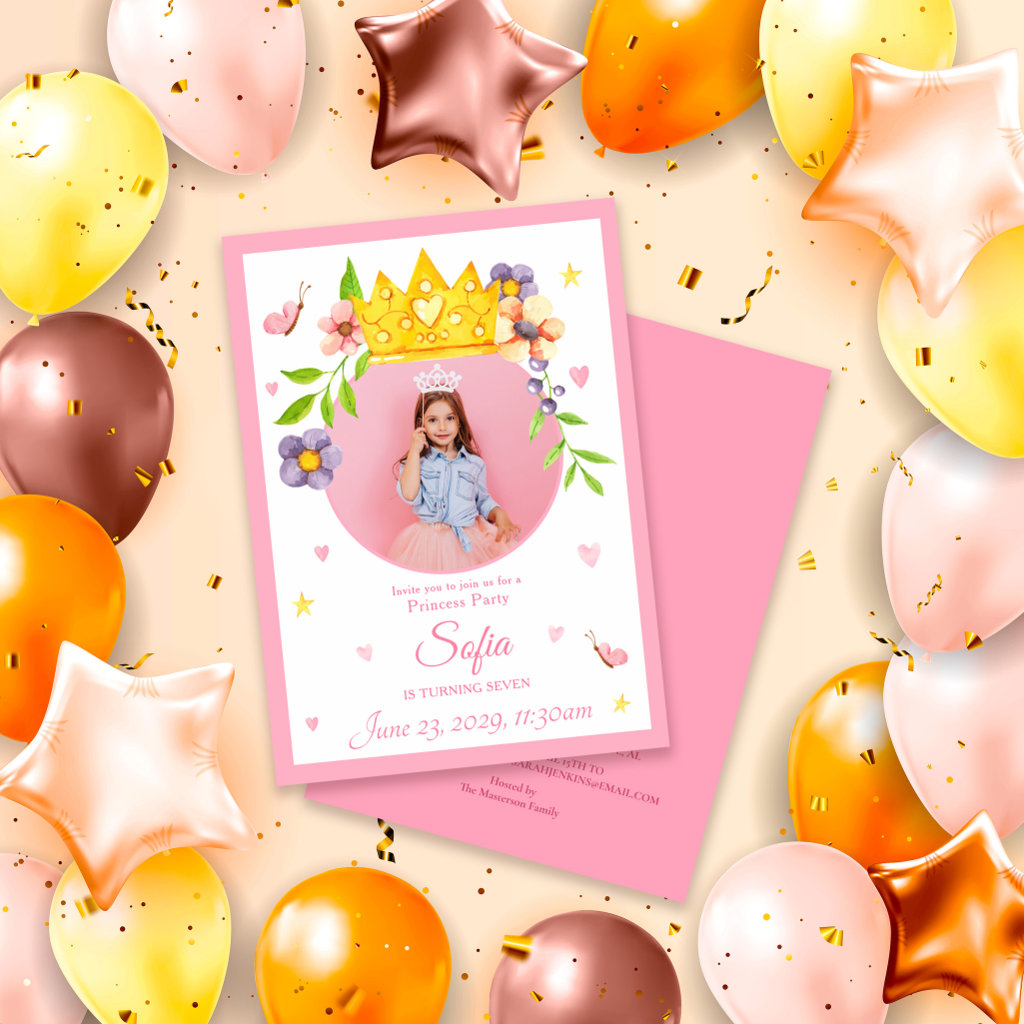 Editable Watercolor Pink Princess Birthday Party Invitation