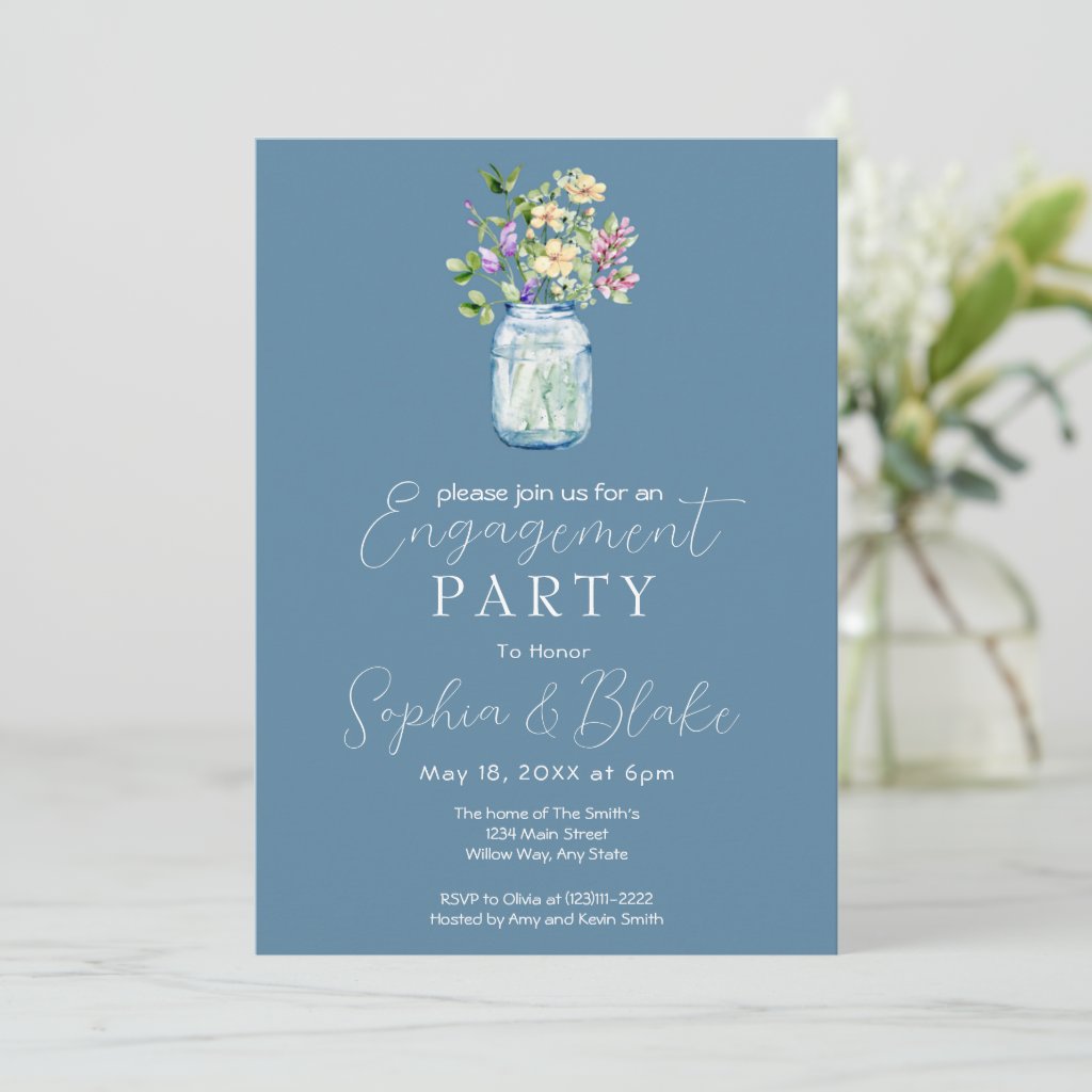 Simple Mason Jar Bouquet Blue Engagement Party Invitation