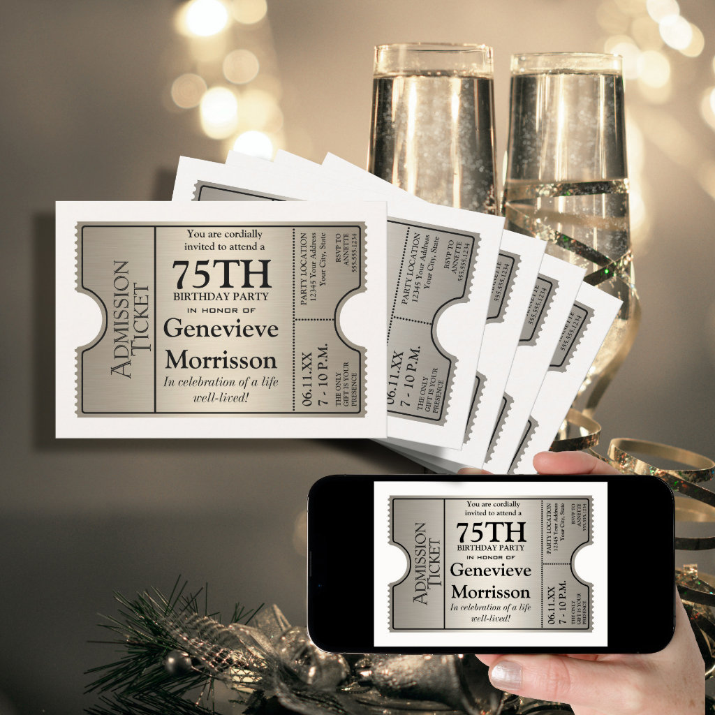 Silver Ticket Style 75th Birthday Party Invite