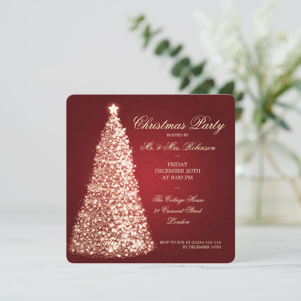 Elegant Christmas Party Gold Tree Red Invitation