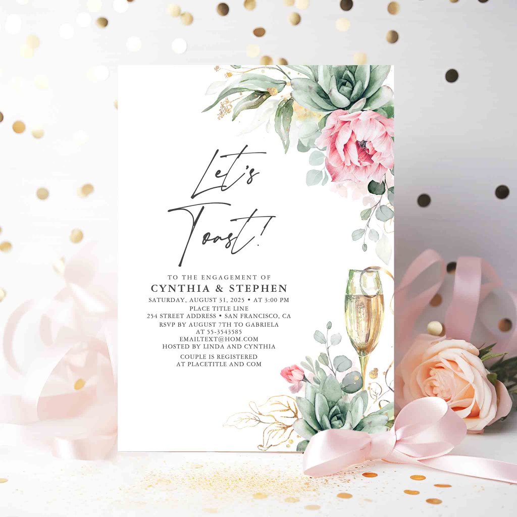 Let's Toast Succulent Pink Floral Engagement Party Invitation