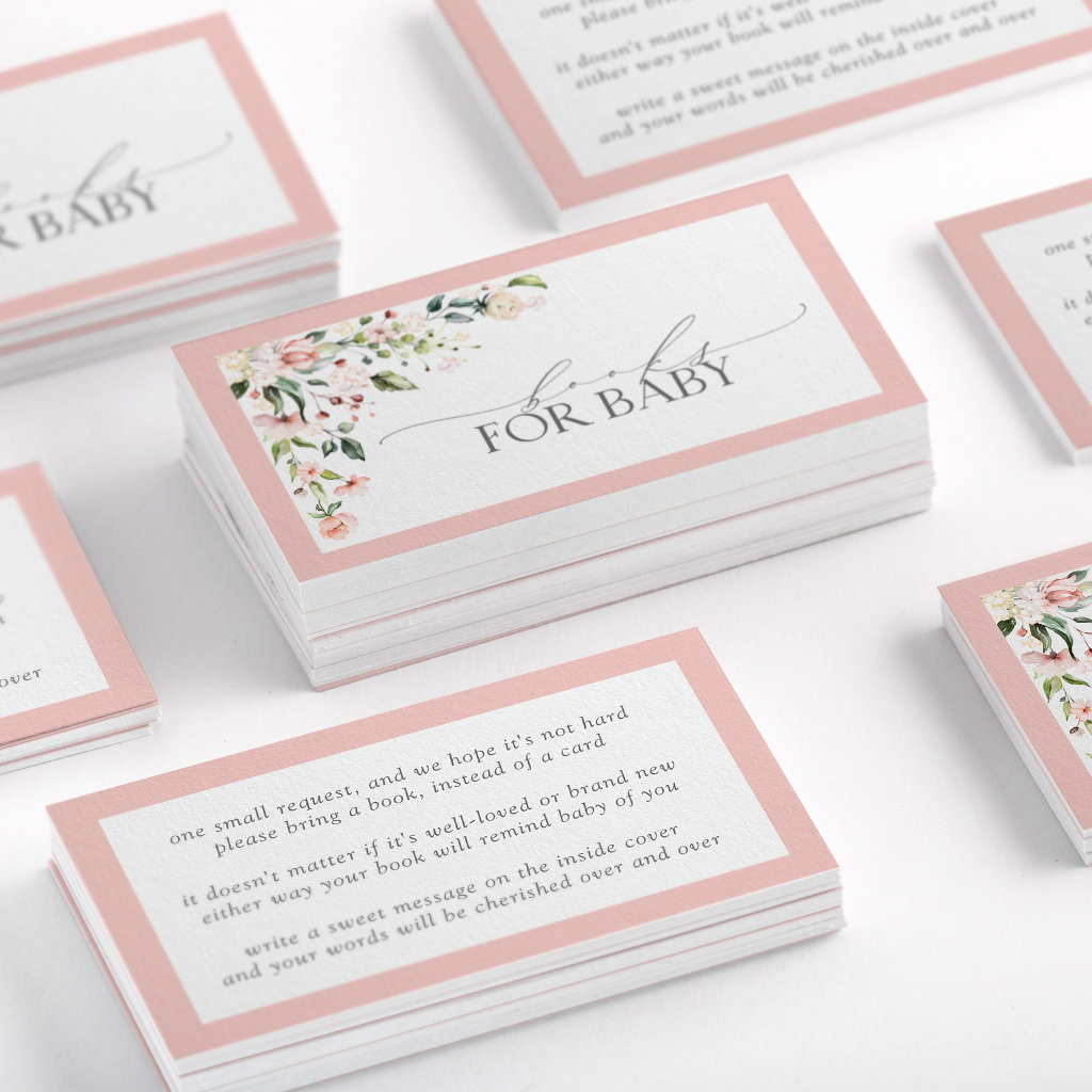 Books for Baby Pink Floral Baby Shower Enclosure Business Card