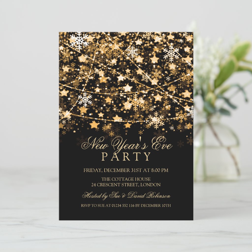 New Years Eve Party Holiday String Lights Gold Invitation