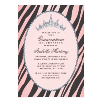 Princess Tiara Zebra Pink Quinceanera Party Custom Invitation