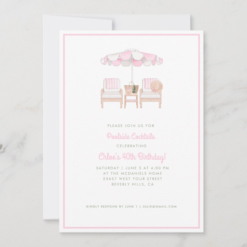 Pink & White Pool Umbrella & Chairs | Pool Party I Invitation
