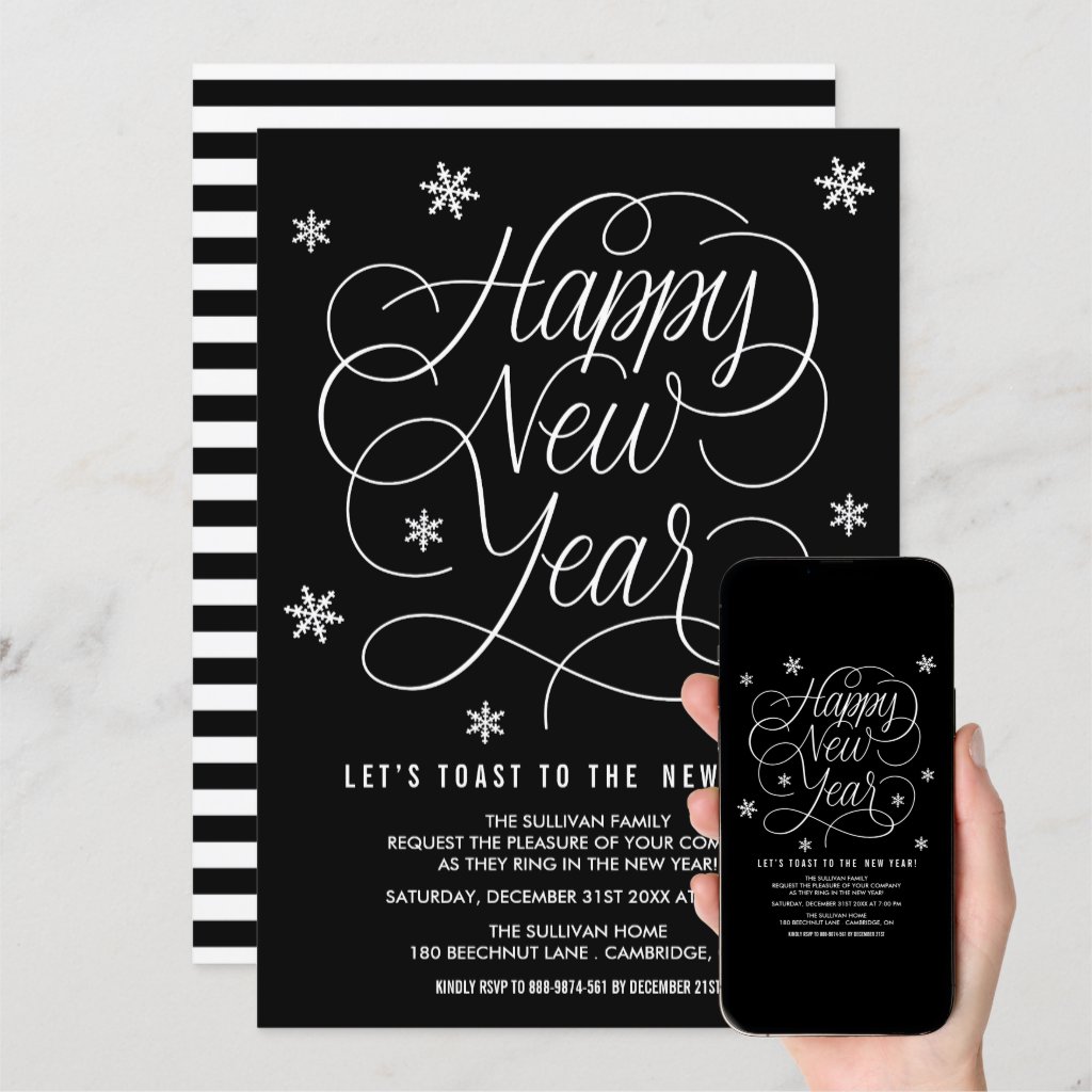 Black Whimsical New Year's Eve Party Invitation