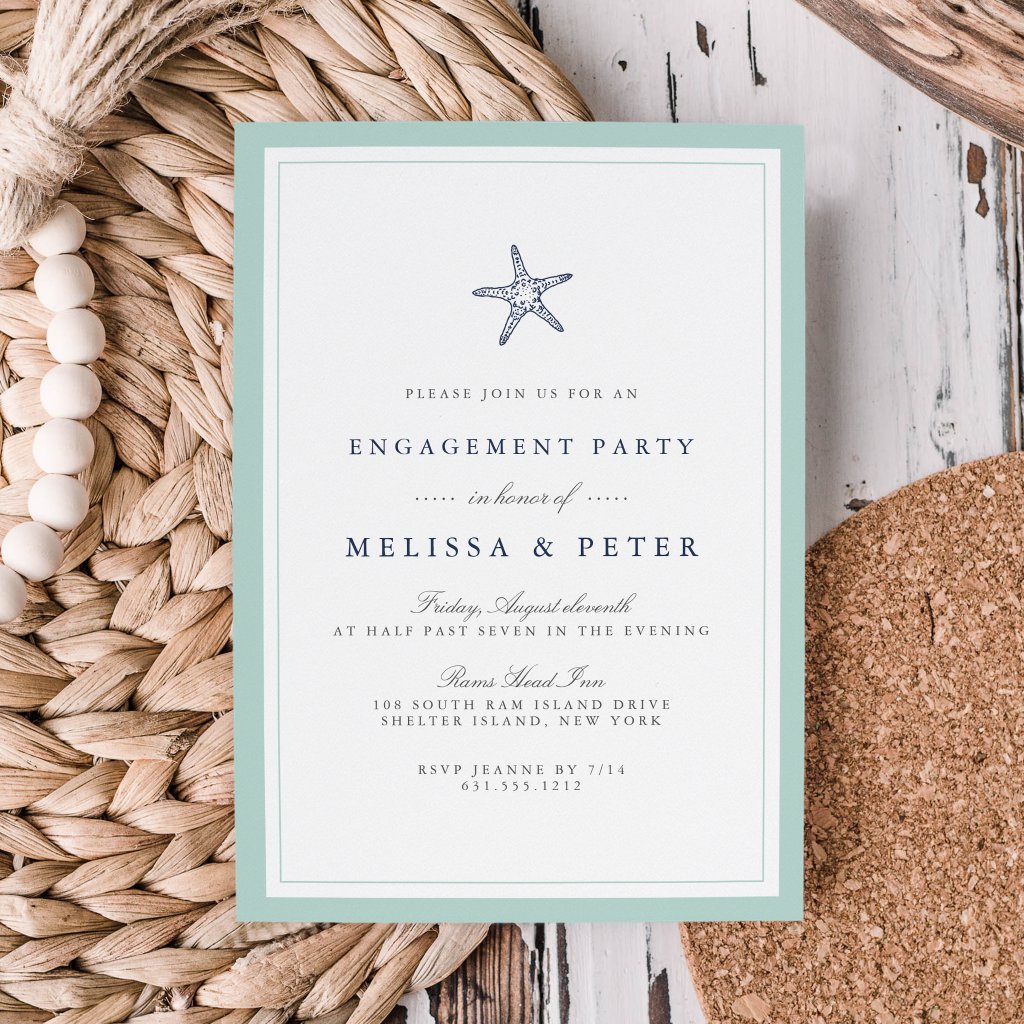 Mint and Navy Starfish Engagement Party Invitation