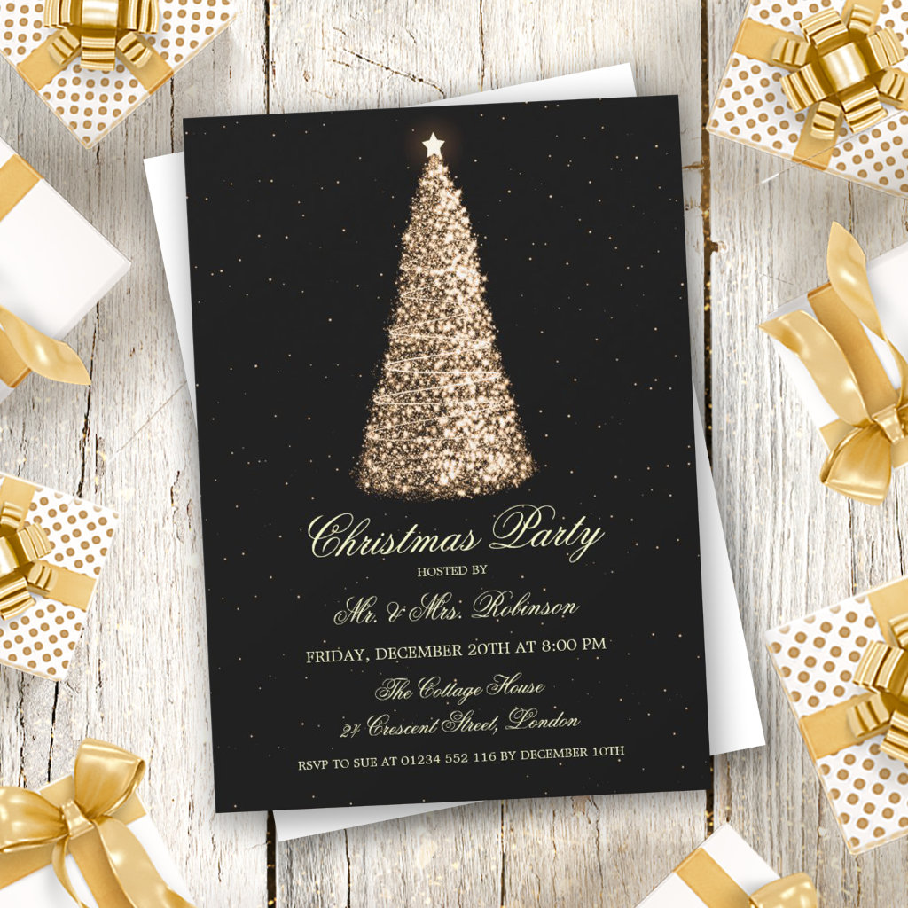 Elegant Christmas Party Gold Tree Sparkle Invitation