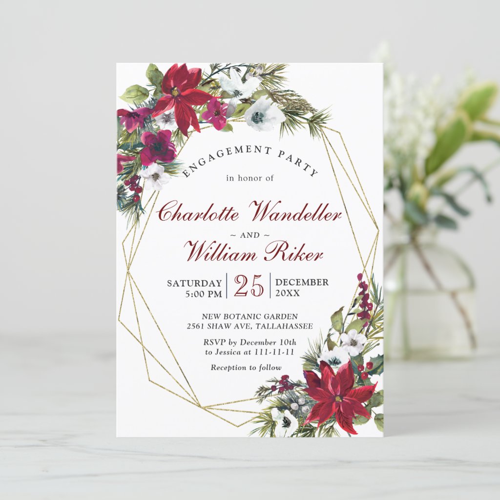 Red Poinsettia Floral Christmas Engagement Party Invitation