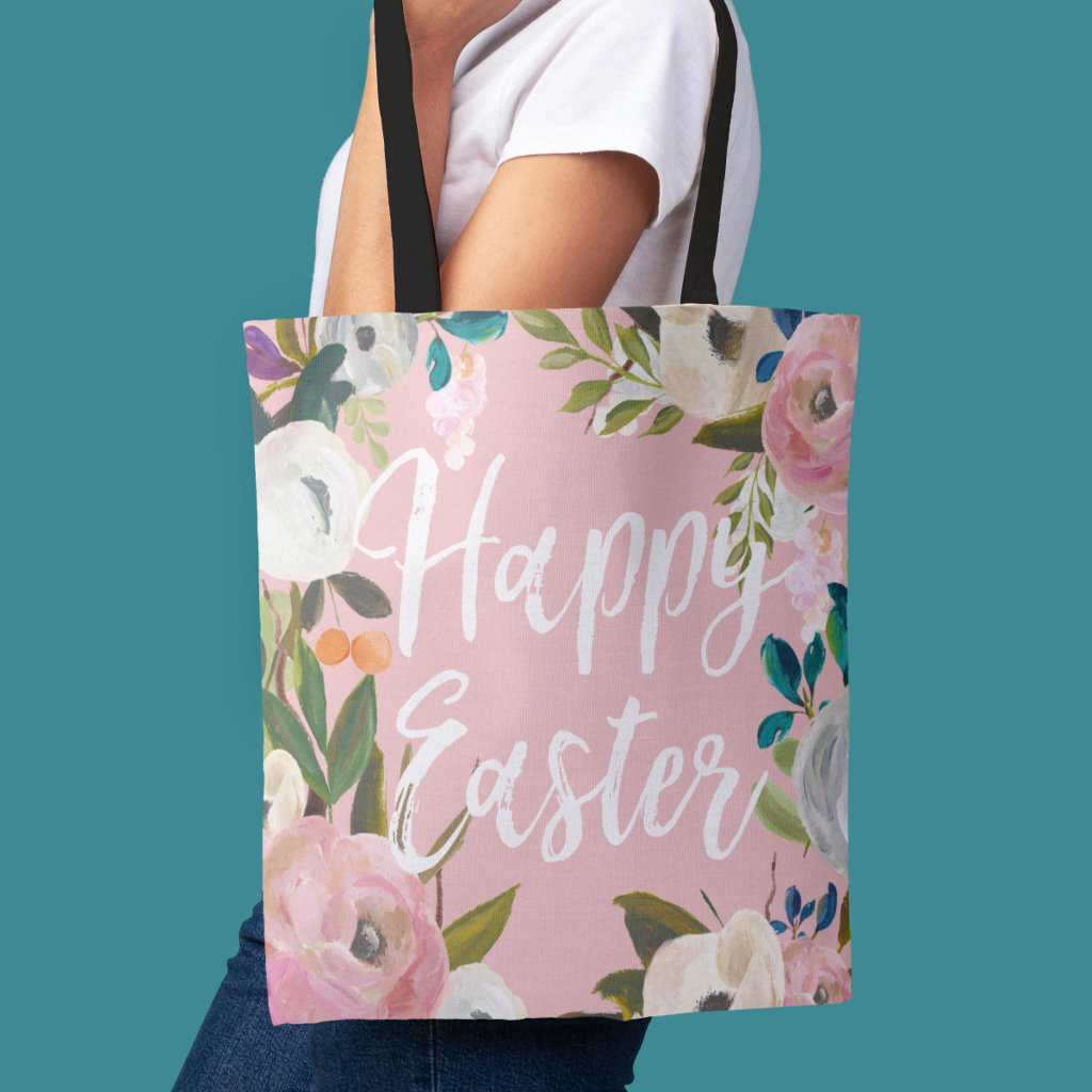 Floral Pink Happy Easter | Easter Egg Hunt Tote Bag