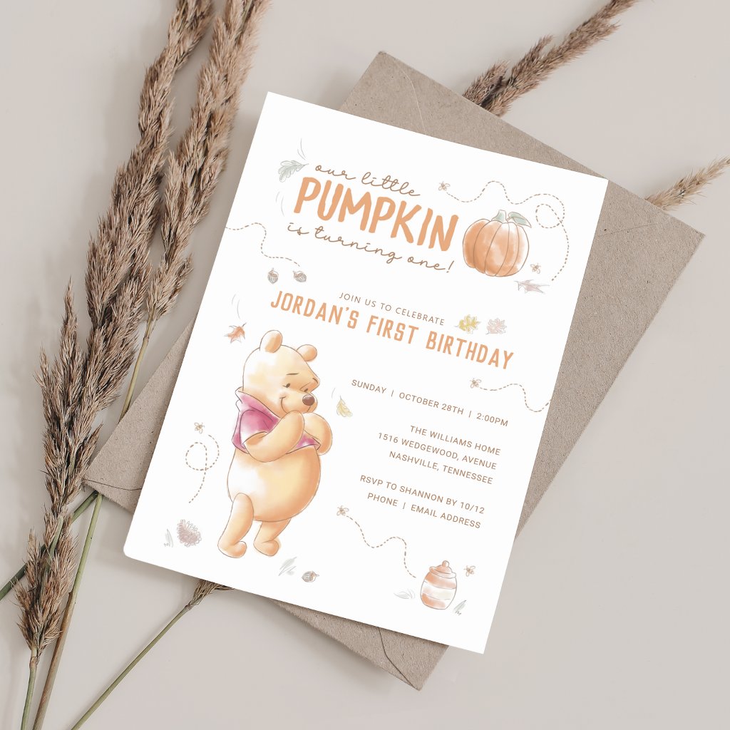 Winnie the Pooh Fall Harvest Pumpkin 1st Birthday Invitation