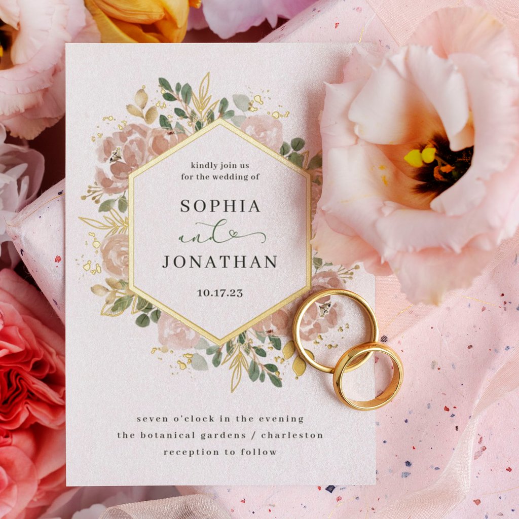 Elegant Neutral Watercolor Floral Wedding | Gold Foil InvitationPicture