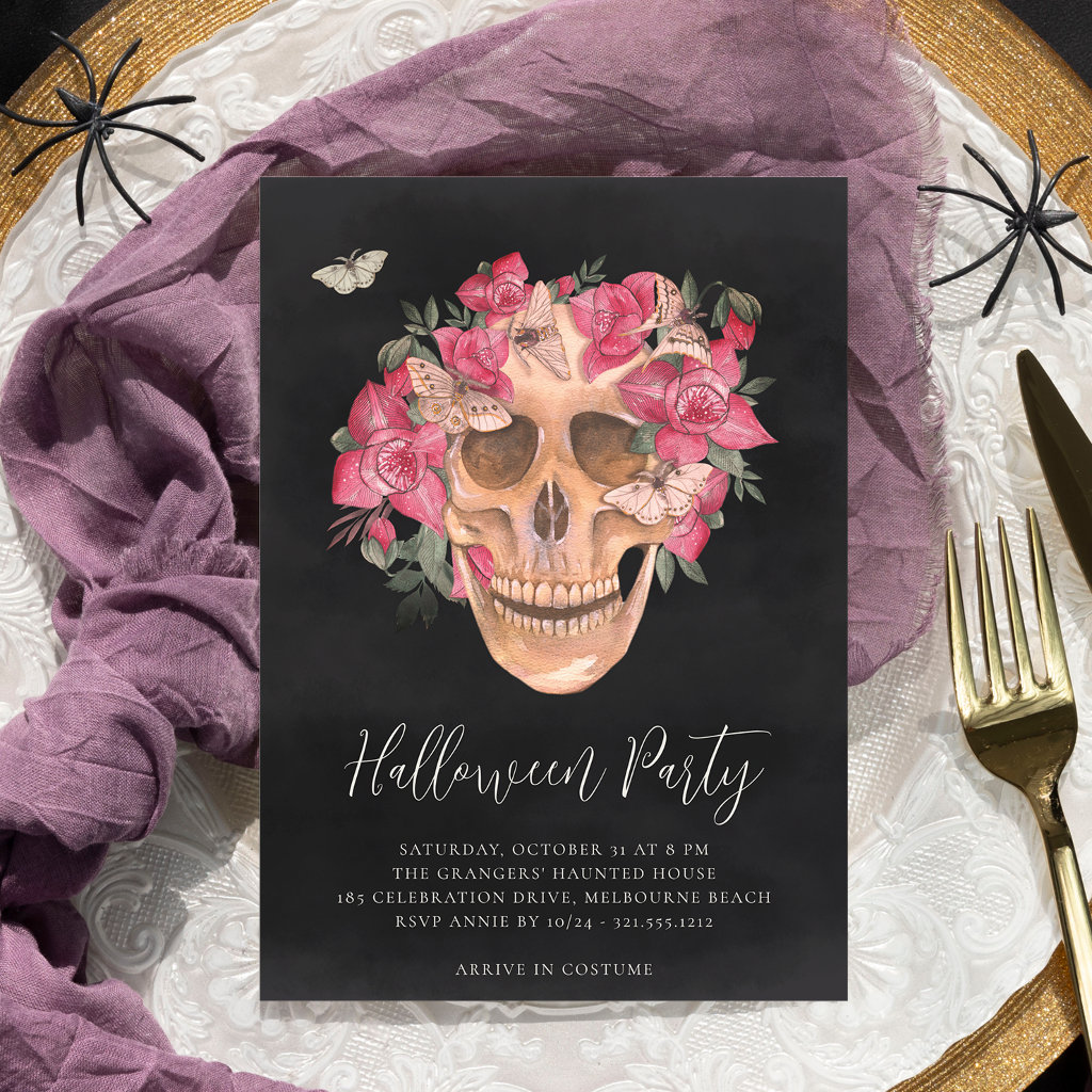 Pink Orchid Floral Skull Halloween Party Invitation