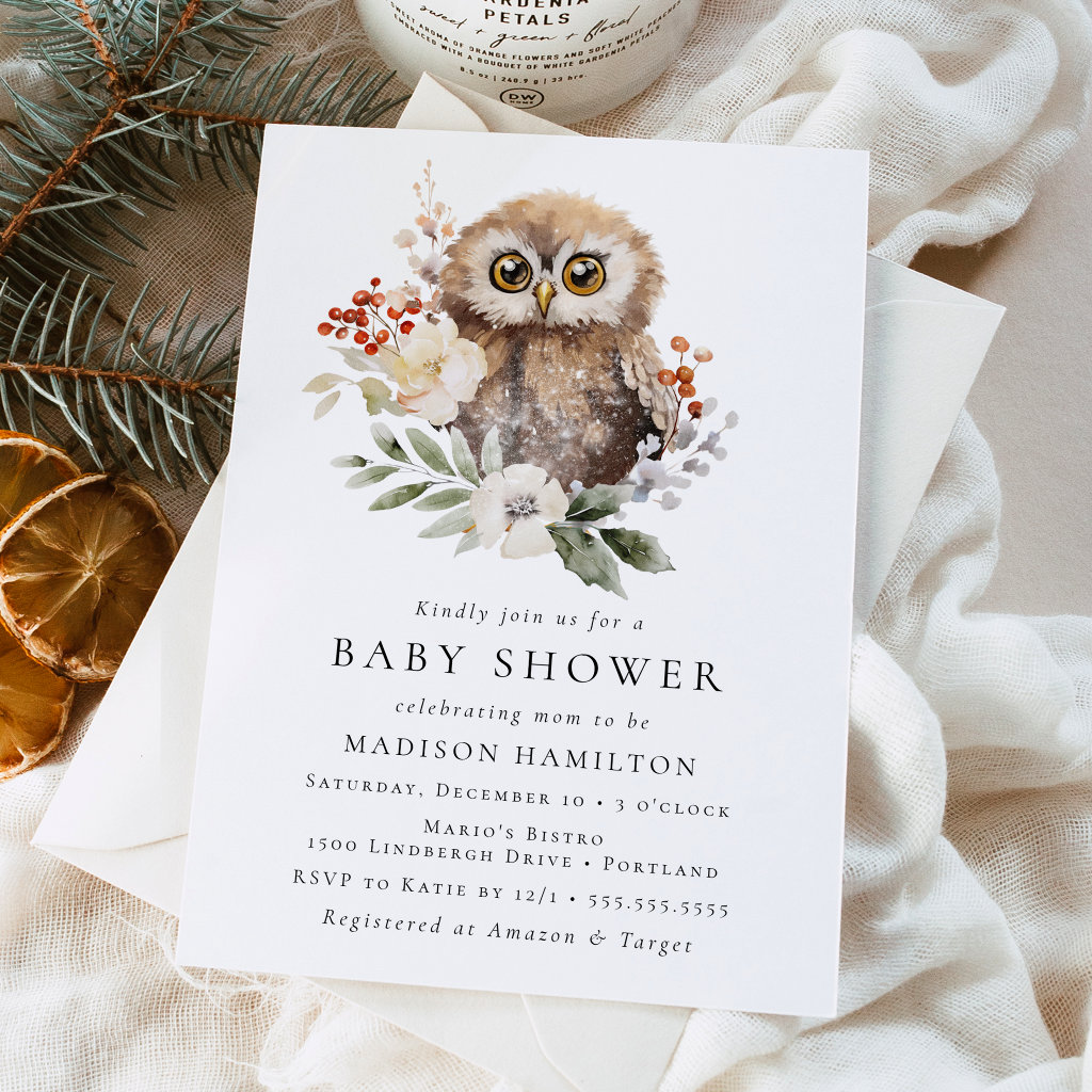 Cute Watercolor Winter Owl Baby Shower Invitation