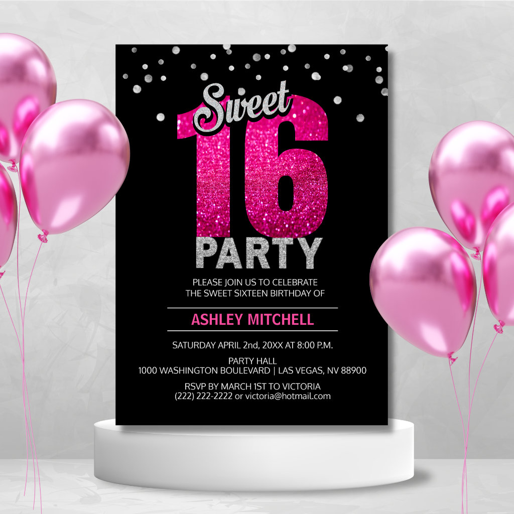 Hot Pink Glitter Sparkles SWEET SIXTEEN 16 Party Invitation