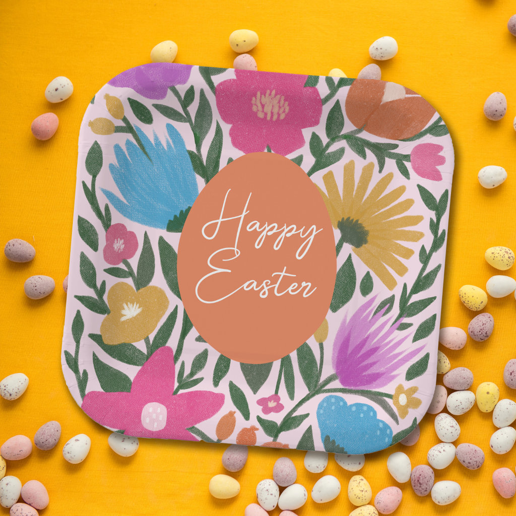 Bold Colorful Florals Stylish Easter | Orange Egg Paper Plates
