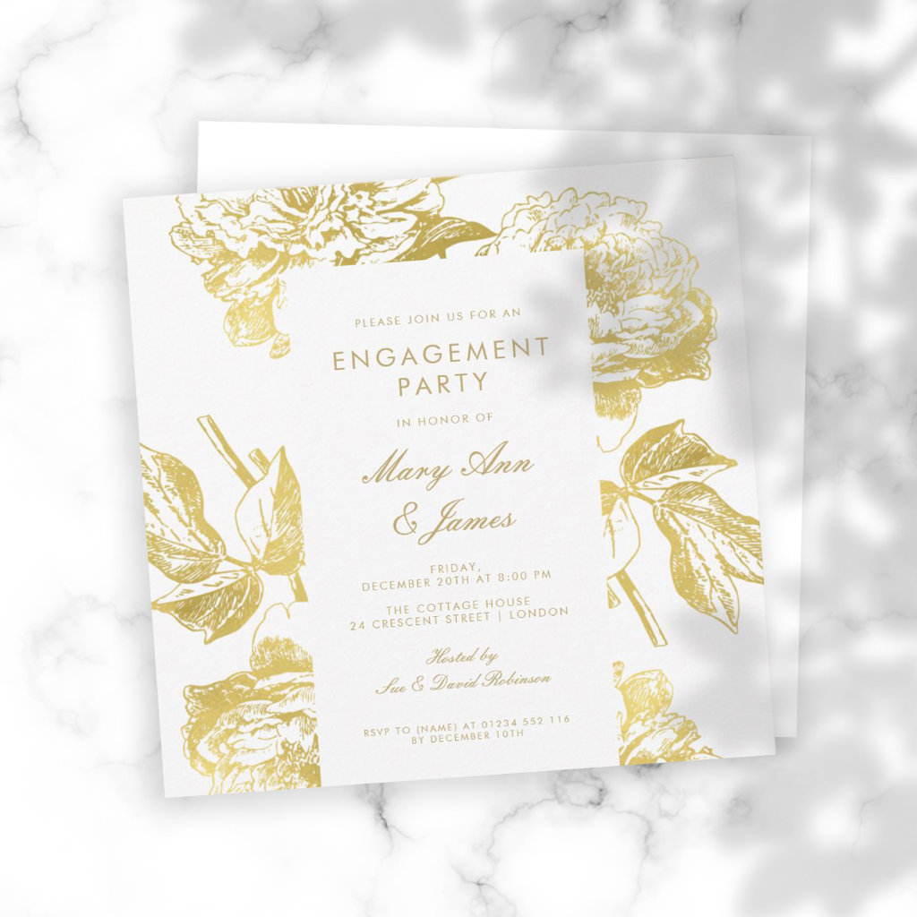 Elegant Gold Simple Floral Engagement Party Invitation