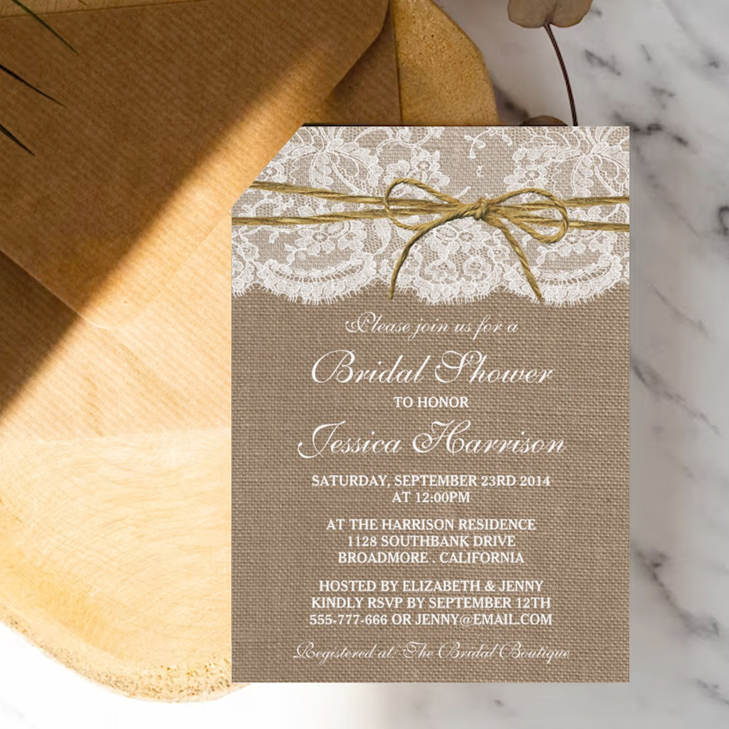 Rustic Burlap, Lace & Twine Bow Bridal Shower Invitation