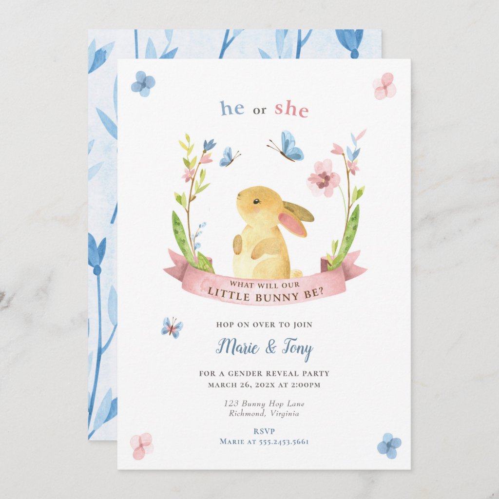 Little Bunny Gender Reveal Invitation, He or She Invitation